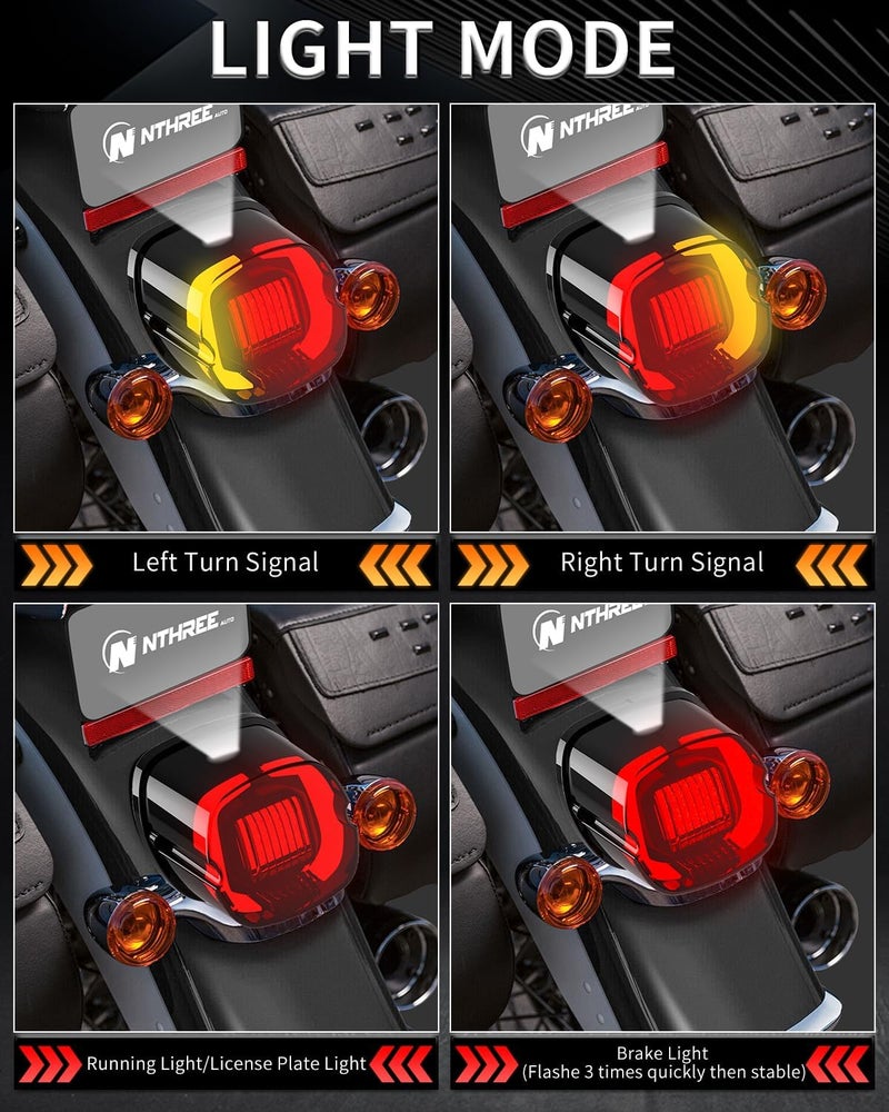 NTHREEAUTO Smoked LED Strobe Brake Tail Light Rear Turn Signals Taillight Compatible with Harley Dyna Road King Electra Glide Sportster Heritage Softail Fatboy Touring - Image 3